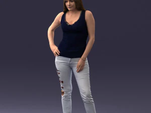 000166 Mulher em Jeans Bordados Casuais e Regata 0718 Modelo 3D