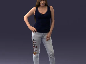 000166 Mulher em Jeans Bordados Casuais e Regata 0718 Modelo 3D