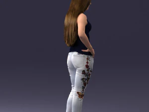 000166 Mulher em Jeans Bordados Casuais e Regata 0718 Modelo 3D