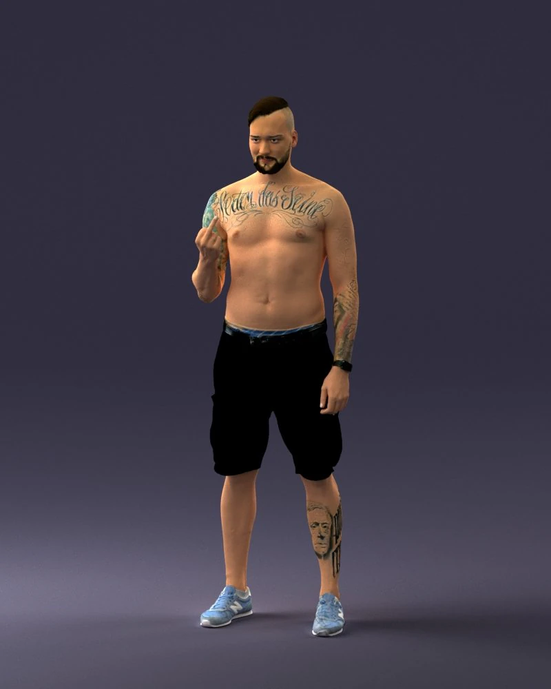 000172 Tattooed Man in Shorts 0817 3D Model .c4d .max .obj .3ds .fbx .stl .blend 