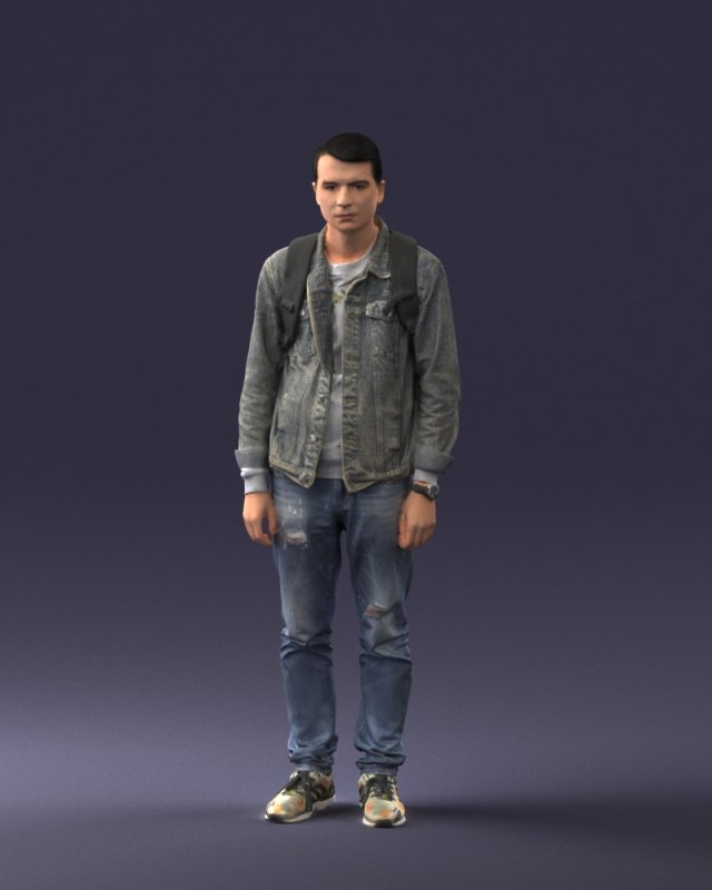 000174 Young Man in Denim Jacket with Backpack 0822 Model 3D .c4d .max .obj .3ds .fbx .stl .blend