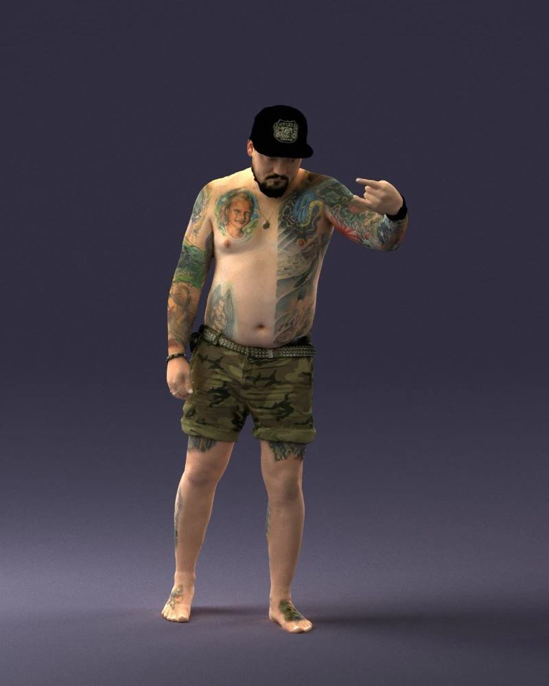 000175 Tattooed Man in Camo Shorts and Cap 0824 3dp 3D Print Model .c4d .max .obj .3ds .fbx .stl .blend 