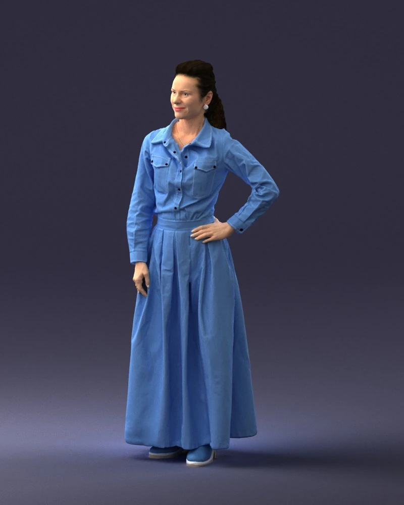 000189 Woman in Retro Long Blue Dress 1009 3D Model .c4d .max .obj .3ds .fbx .stl .blend 