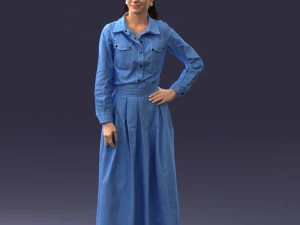 000189 Woman in Retro Long Blue Dress 1009 3D Model