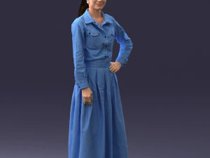 000189 Woman in Retro Long Blue Dress 1009 3D Model