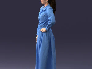 000189 Woman in Retro Long Blue Dress 1009 3D Model