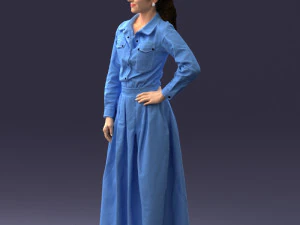 000189 Woman in Retro Long Blue Dress 1009 3D Model