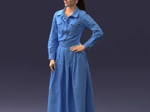 000189 Woman in Retro Long Blue Dress 1009 3D Model