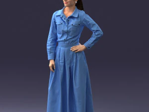 000189 Woman in Retro Long Blue Dress 1009 3D Model