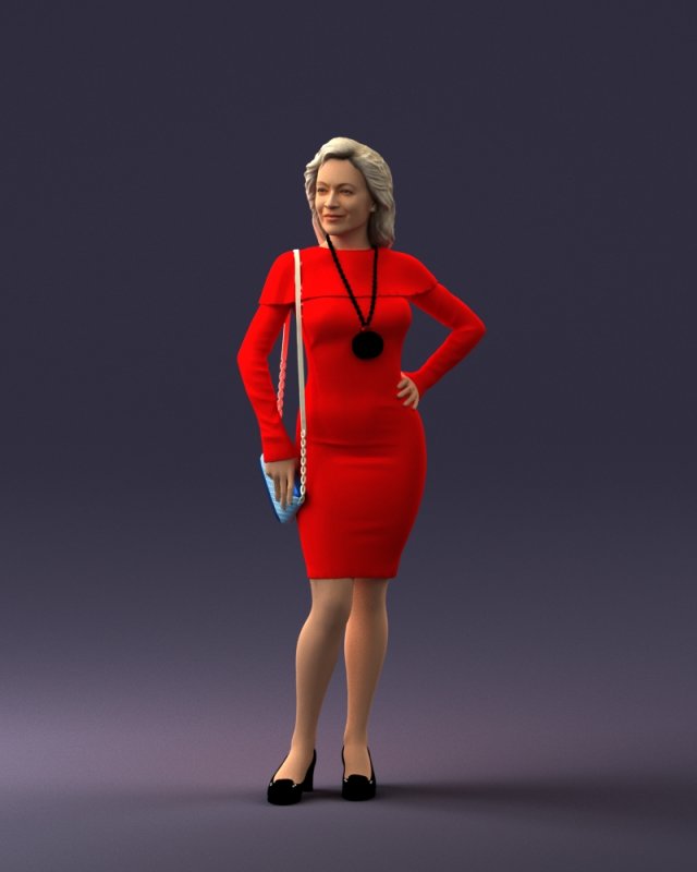 000201 Elegant Woman in Red Dress 1101 3D Модель .c4d .max .obj .3ds .fbx .stl .blend
