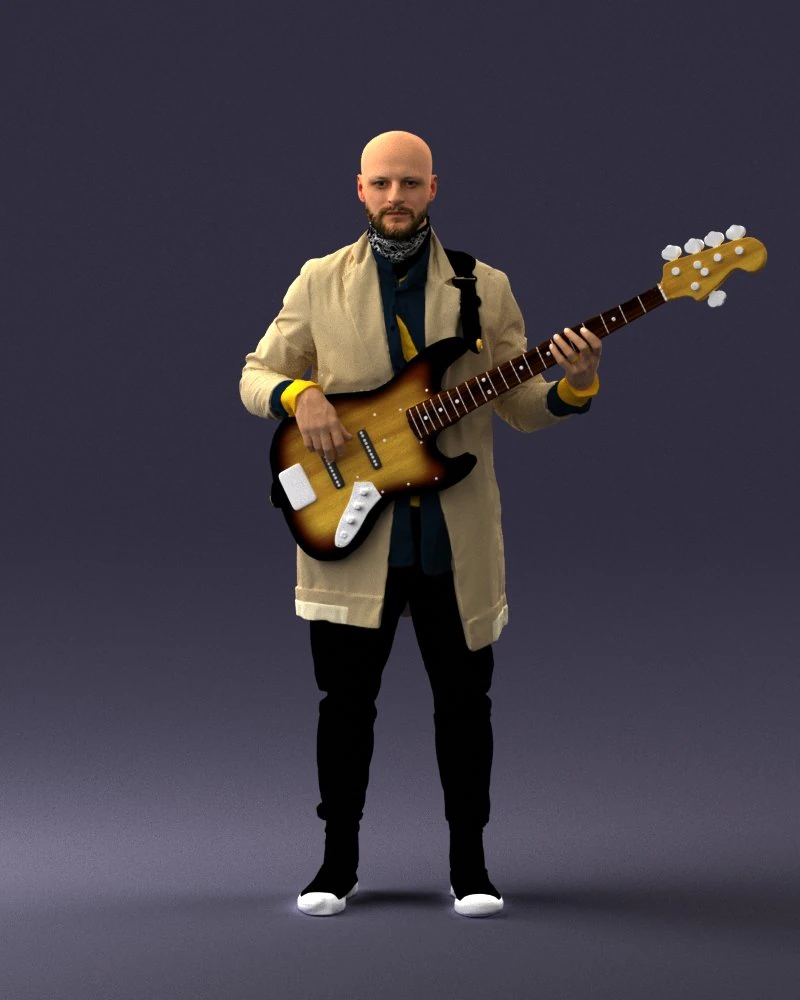 000247 Man with Bass Guitar Realistic Musician Character 0118 3dp 3D Print Model .c4d .max .obj .3ds .fbx .stl .blend 