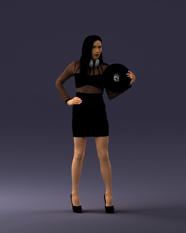 000260 Young Female DJ with Vinyl Record and Headphones 0328 3dp Model 3D .c4d .max .obj .3ds .fbx .stl .blend 
