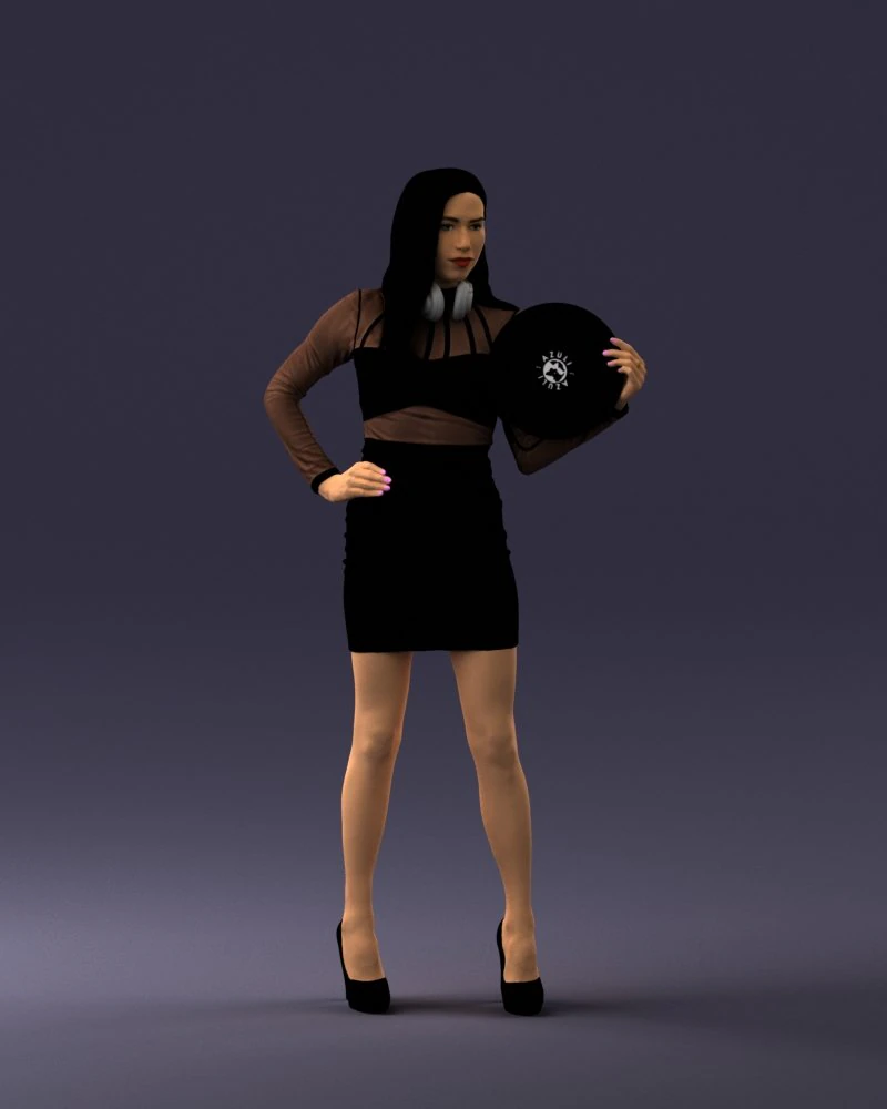 000260 Young Female DJ with Vinyl Record and Headphones 0328 3dp 3D Print Model .c4d .max .obj .3ds .fbx .stl .blend 