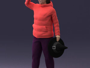 000240 Woman in Casual Jacket Holding a Witch Hat 0111 3D Model