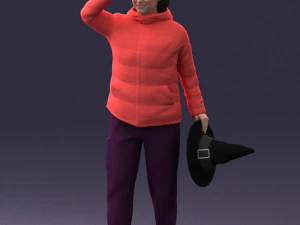 000240 Woman in Casual Jacket Holding a Witch Hat 0111 3D Model