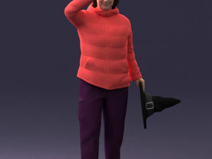 000240 Woman in Casual Jacket Holding a Witch Hat 0111 3D Model