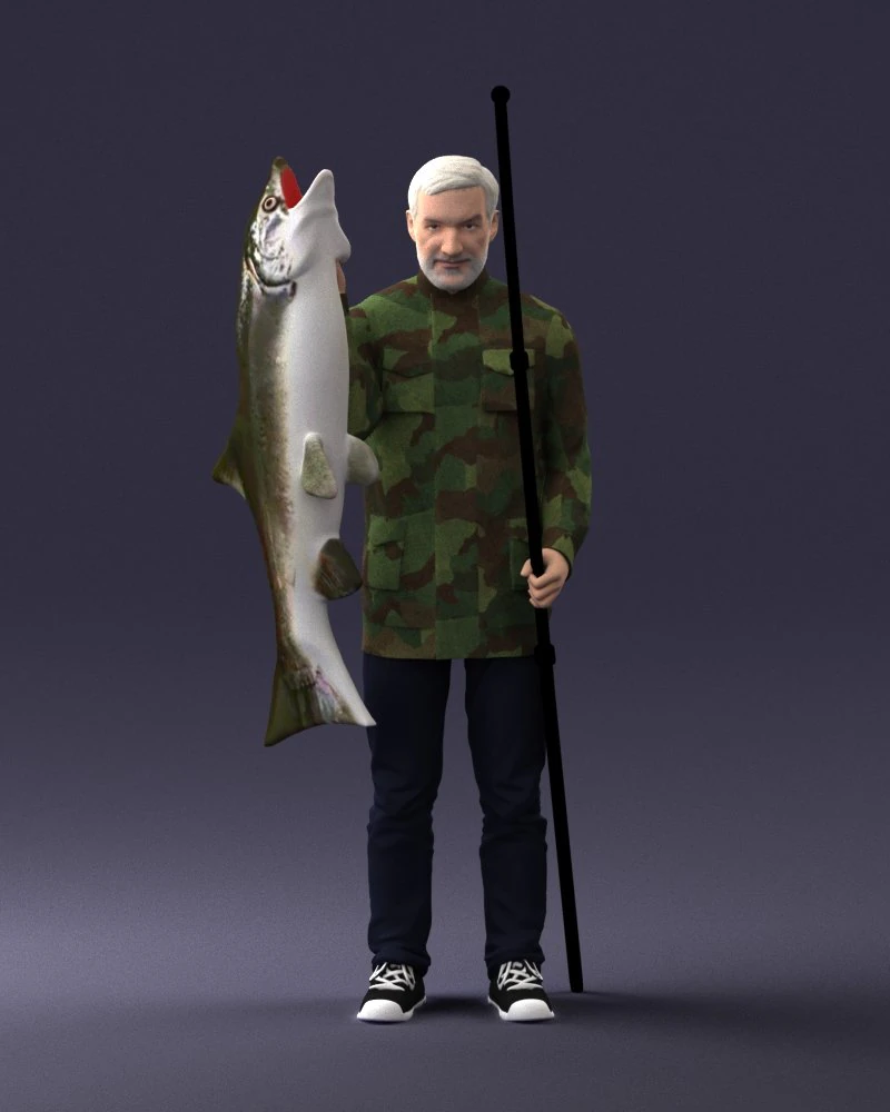 000290 Fisherman Holding Fish and Rod 0916 3D Model .c4d .max .obj .3ds .fbx .stl .blend 