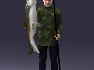 000290 Fisherman Holding Fish and Rod 0916 3D Model