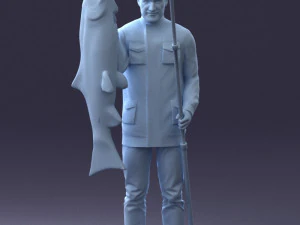 000290 Fisherman Holding Fish and Rod 0916 3D Model