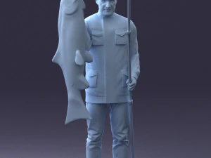 000290 Fisherman Holding Fish and Rod 0916 3D Model