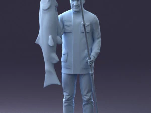 000290 Fisherman Holding Fish and Rod 0916 3D Model