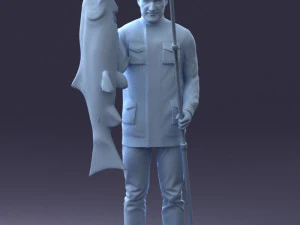 000290 Fisherman Holding Fish and Rod 0916 3D Model
