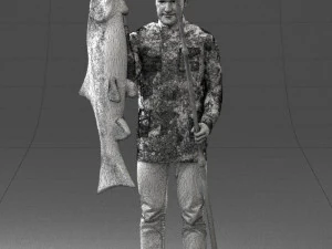 000290 Fisherman Holding Fish and Rod 0916 3D Model
