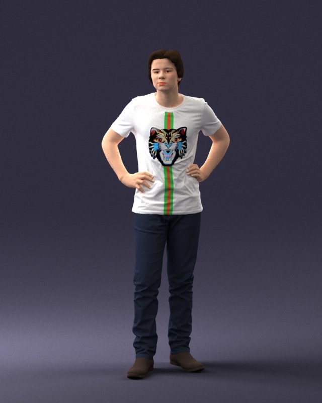 000123 Teenager in Printed Tiger T-Shirt 0303 3D Модель .c4d .max .obj .3ds .fbx .stl .blend