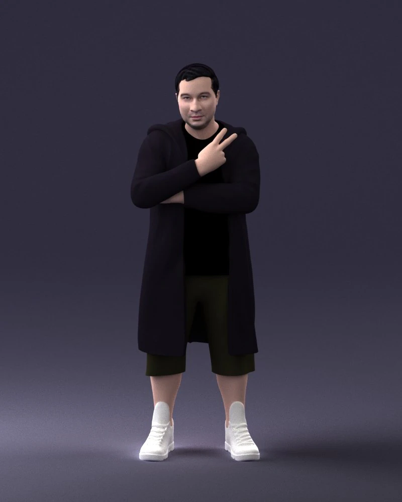 000212 Man in Long Black Coat and Shorts Peace Gesture 1121 3dp 3D Print Model .c4d .max .obj .3ds .fbx .stl .blend 