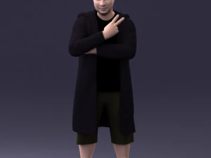 000212 Homem com casaco preto longo e shorts Gesto de paz 1121 3dp Modelo de Impressão 3D