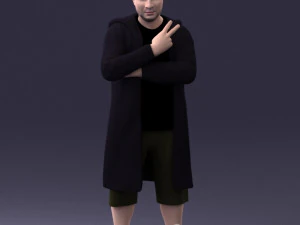 000212 Man in Long Black Coat and Shorts Peace Gesture 1121 3dp 3D Print Model