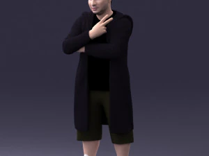 000212 Man in Long Black Coat and Shorts Peace Gesture 1121 3dp 3D Print Model