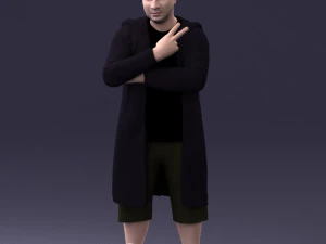 000212 Man in Long Black Coat and Shorts Peace Gesture 1121 3dp 3D Print Model
