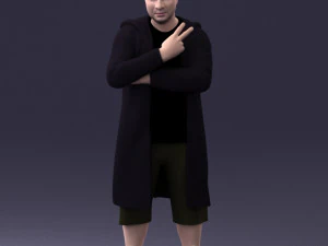 000212 Man in Long Black Coat and Shorts Peace Gesture 1121 3dp 3D Print Model