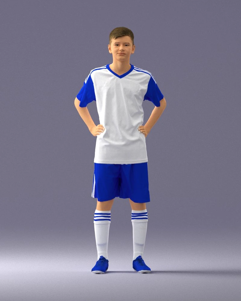 000309 Young Soccer Player in Blue and White Uniform 1114 3D Model .c4d .max .obj .3ds .fbx .stl .blend 
