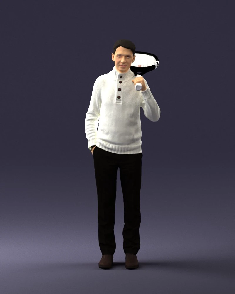 000379 Realistic Male Character Holding Sports Racket 3D Model .c4d .max .obj .3ds .fbx .stl .blend 