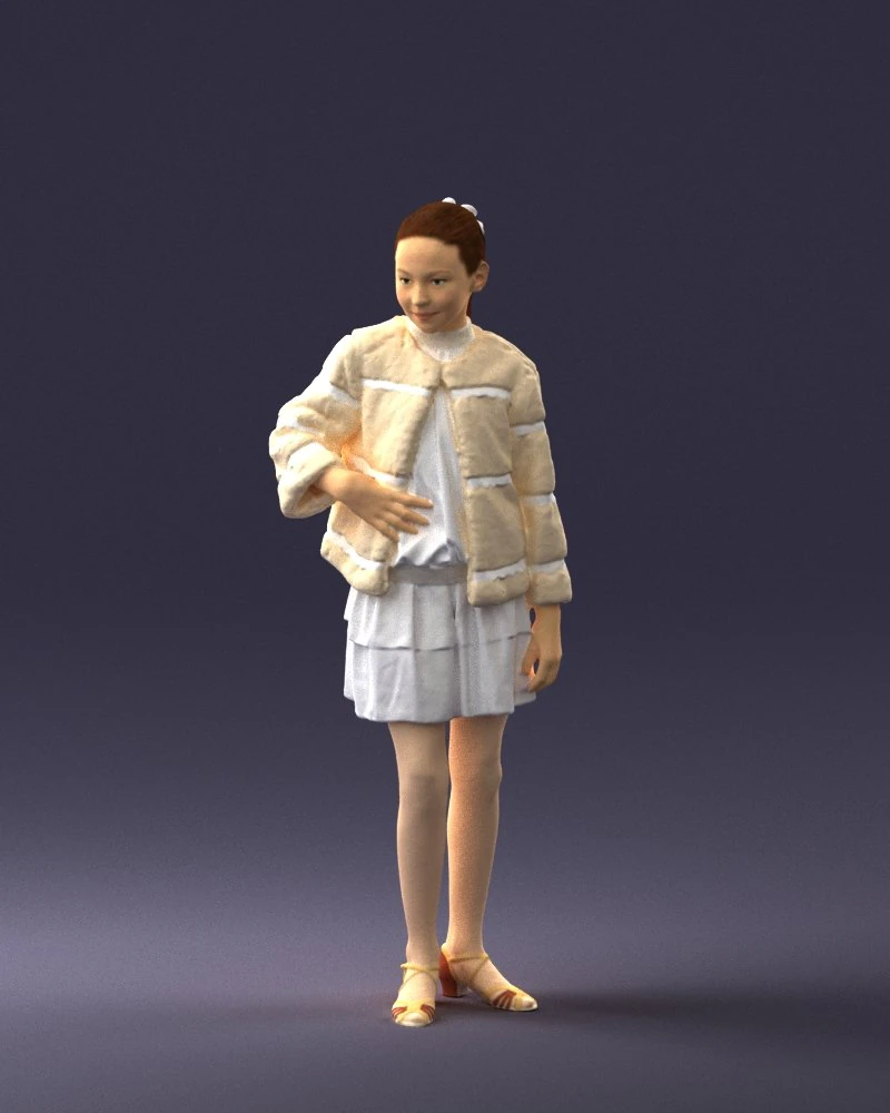 000366 Girl in White Dress and Fur Jacket 3D Model .c4d .max .obj .3ds .fbx .stl .blend 