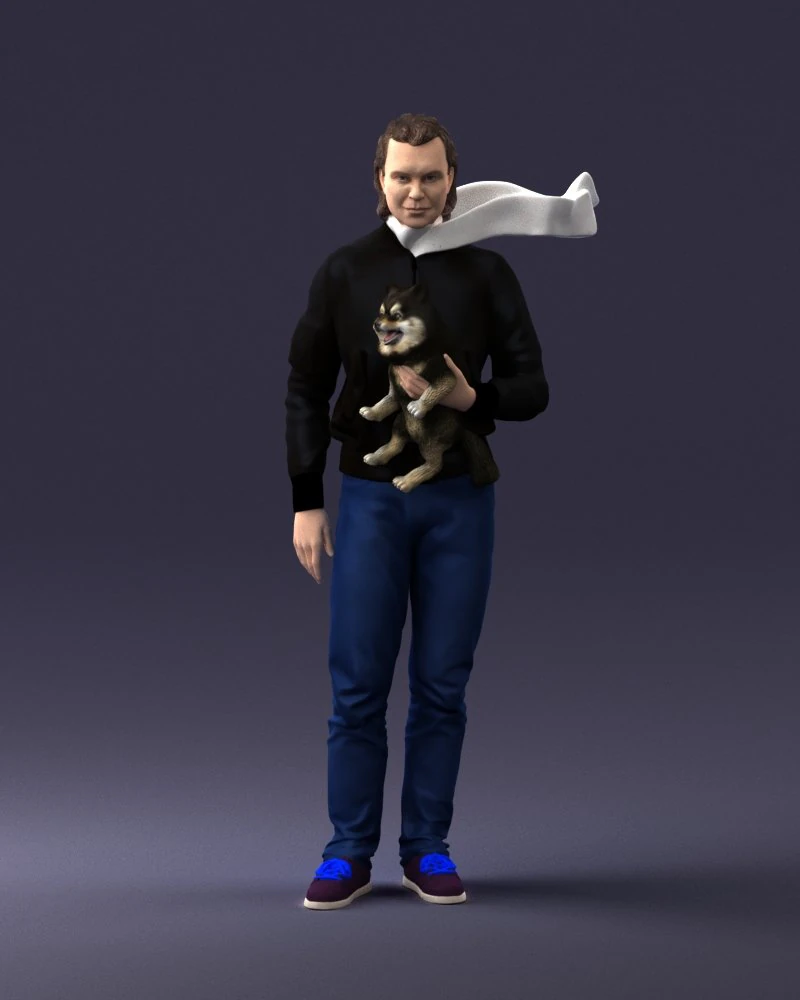 000142 Man Holding Dog with Scarf Blowing in Wind 0626 3dp 3D Print Model .c4d .max .obj .3ds .fbx .stl .blend 