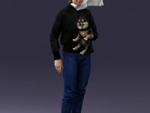000142 Man Holding Dog with Scarf Blowing in Wind 0626 3dp 3D Print Model