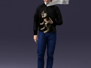 000142 Man Holding Dog with Scarf Blowing in Wind 0626 3dp 3D Print Model