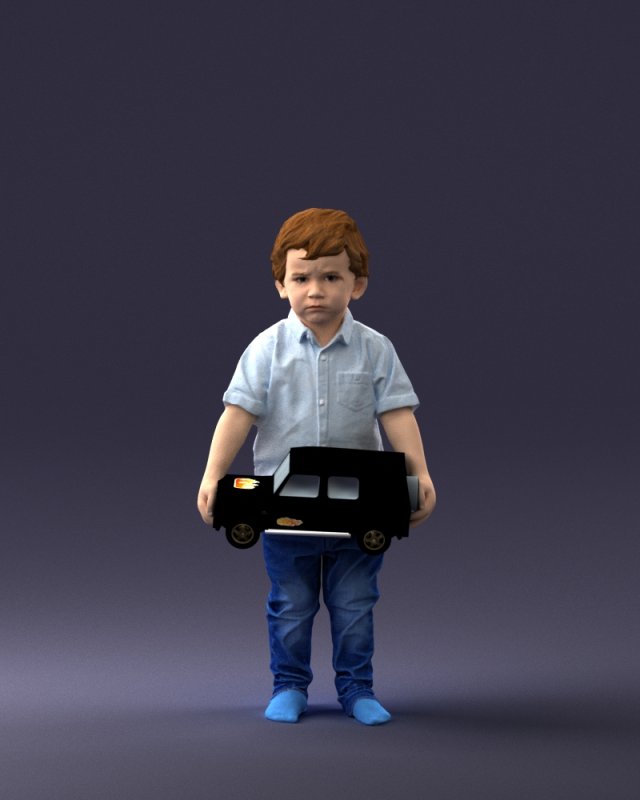 000194 Sad Little Boy Holding Toy Car 1016 3Dモデル .c4d .max .obj .3ds .fbx .stl .blend
