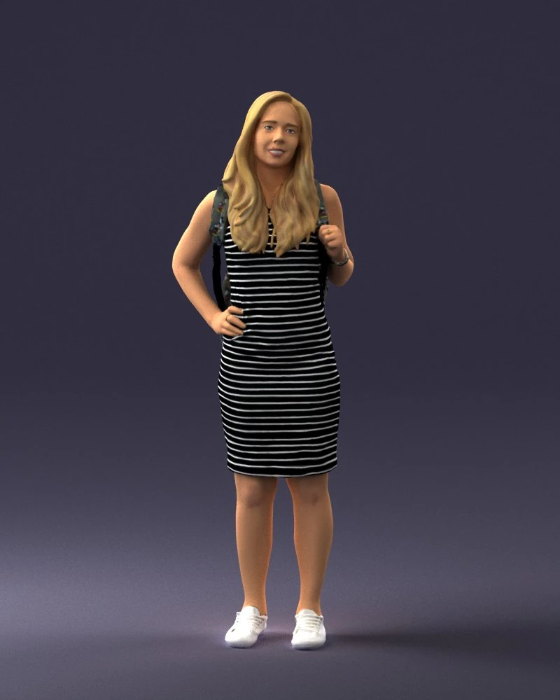 000400 Blonde Woman in Striped Dress with Backpack 3D Model .c4d .max .obj .3ds .fbx .stl .blend 