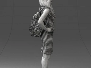 000400 Blonde Woman in Striped Dress with Backpack 3D Model