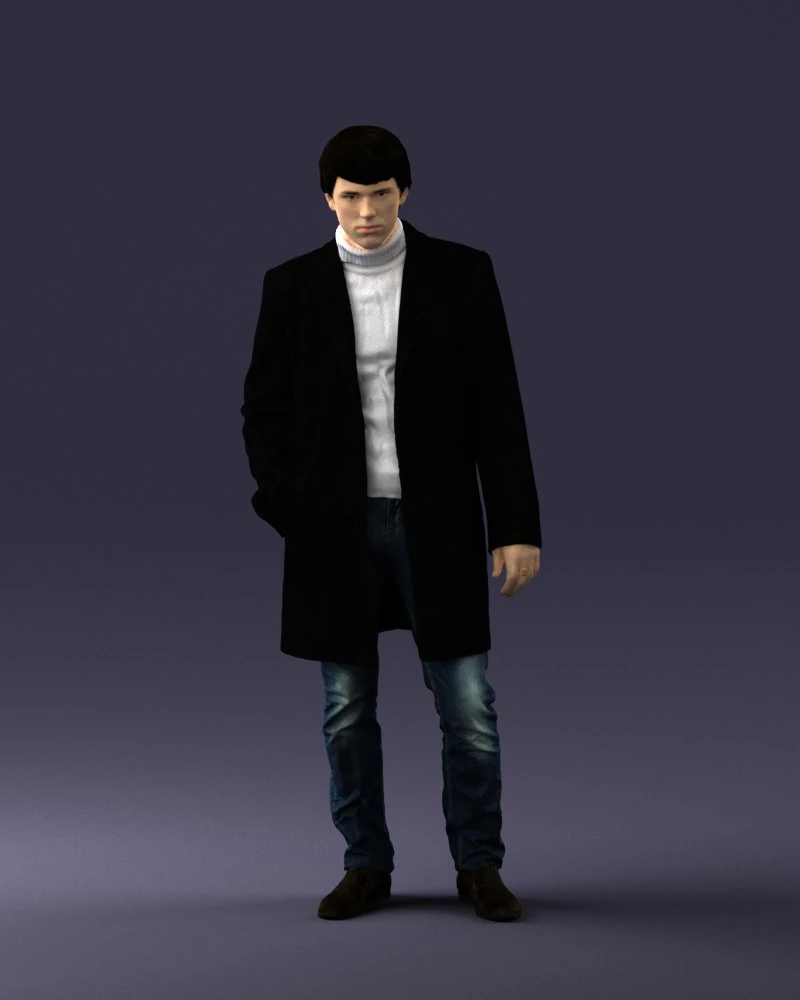 000405 Realistic Young Man in Black Coat 3dp 3D Print Model .c4d .max .obj .3ds .fbx .stl .blend 