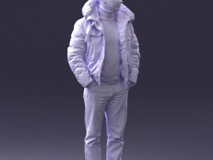 000418 Realistic Man Character in Winter Jacket Hands in Pockets Pose Full Body Scan 3D Model