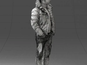 000418 Realistic Man Character in Winter Jacket Hands in Pockets Pose Full Body Scan 3D Model
