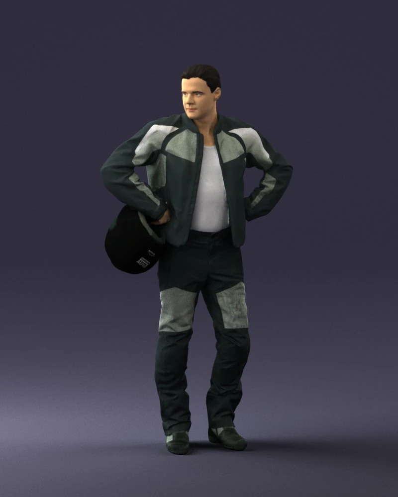 000419 Realistic Man Character in Motorcycle Suit Helmet Pose Full Body Scan 3D Model .c4d .max .obj .3ds .fbx .stl .blend 