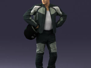 000419 Personnage d'homme r&eacute;aliste en costume de moto, pose de casque, scan complet du corps Modèle 3D