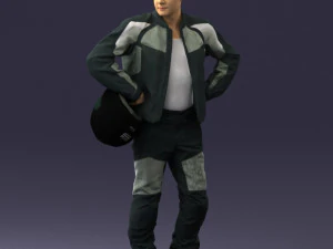 000419 Realistic Man Character in Motorcycle Suit Helmet Pose Full Body Scan 3D Model