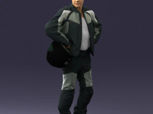 000419 Realistic Man Character in Motorcycle Suit Helmet Pose Full Body Scan 3D Model